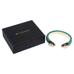 Bvlgari Serpenti Forever Enamel & Green Galuchat Leather Gold Plated Open Cuff Bracelet