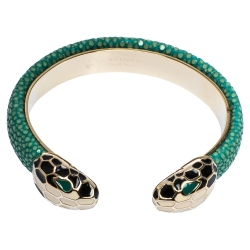 Bvlgari Serpenti Forever Enamel & Green Galuchat Leather Gold Plated Open Cuff Bracelet