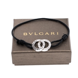 Pre Owned Bvlgari Fortuna Interlocking Circles Sterling Silver Black Cord Bracelet
