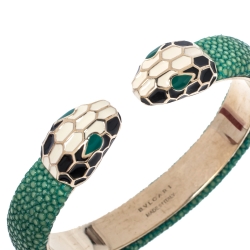 Bvlgari Serpenti Forever Enamel Green Galuchat Leather Gold Plated Open Cuff Bracelet 
