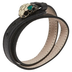 Pre Owned Bvlgari Black Calfskin Serpenti Forever Double Coil Bracelet