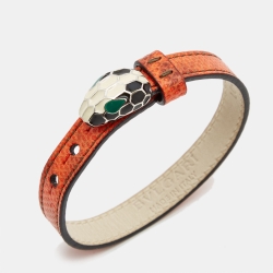 Pre Owned Bvlgari Serpenti Forever Enamel Leather Silver Tone Bracelet