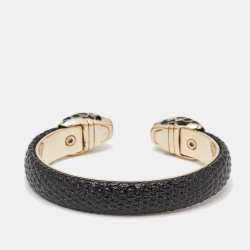 Pre Owned Bvlgari Serpenti Forever Metallic Black Embossed Leather Open Cuff Bracelet