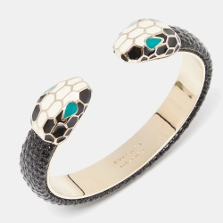 Pre Owned Bvlgari Serpenti Forever Metallic Black Embossed Leather Open Cuff Bracelet