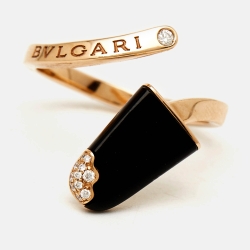 Pre Owned Bvlgari Gelati Onyx Diamond 18k Rose Gold Ring Size 56
