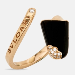 Pre Owned Bvlgari Gelati Onyx Diamond 18k Rose Gold Ring Size 56