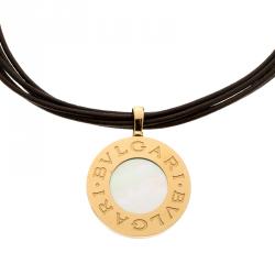 Bvlgari Reversible 18K Yellow Gold with MOP & Steel with Onyx Pendant Leather Cord Necklace 