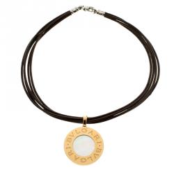 Bvlgari Reversible 18K Yellow Gold with MOP & Steel with Onyx Pendant Leather Cord Necklace 