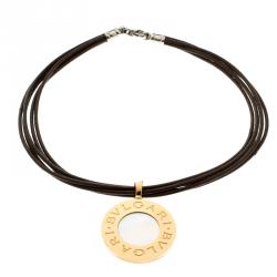Bvlgari Reversible 18K Yellow Gold with MOP & Steel with Onyx Pendant Leather Cord Necklace 