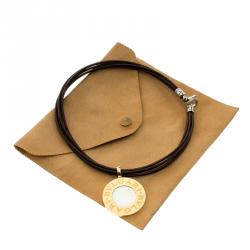 Bvlgari Reversible 18K Yellow Gold with MOP & Steel with Onyx Pendant Leather Cord Necklace 