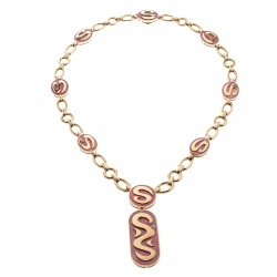 Pre Owned Bvlgari Vintage Rhodochrosite Inlay 18k Yellow Gold Pendant Necklace