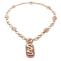 Pre Owned Bvlgari Vintage Rhodochrosite Inlay 18k Yellow Gold Pendant Necklace