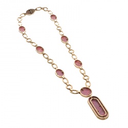 Pre Owned Bvlgari Vintage Rhodochrosite Inlay 18k Yellow Gold Pendant Necklace
