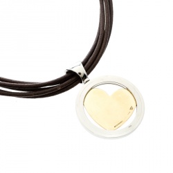 Bvlgari Tondo Heart Diamond 18k Yellow Gold Stainless Steel Pendant Cord Necklace