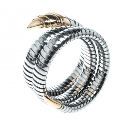 Pre Owned Bvlgari Serpenti Tubogas Stainless Steel 18k Rose Gold Double Spiral Bracelet SM