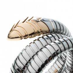 Pre Owned Bvlgari Serpenti Tubogas Stainless Steel 18k Rose Gold Double Spiral Bracelet SM