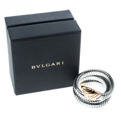 Pre Owned Bvlgari Serpenti Tubogas Stainless Steel 18k Rose Gold Double Spiral Bracelet SM