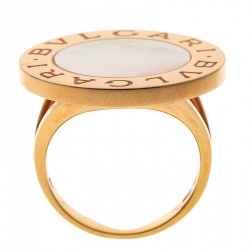 Pre Owned Bvlgari Mother of Pearl Inlay 18k Rose Gold Circular Ring Size 58
