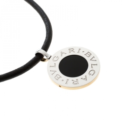 Bvlgari Reversible 18K Yellow Gold with MOP & Steel with Onyx Pendant Leather Cord Necklace 