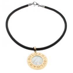 Bvlgari Reversible 18K Yellow Gold with MOP & Steel with Onyx Pendant Leather Cord Necklace 