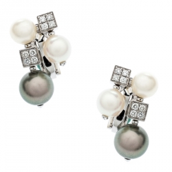Pre Owned Bvlgari Lucea Diamond Cultured Pearl 18k White Gold Cluster Earrings