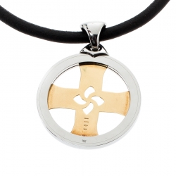 Bvlgari Tondo Cross 18k Gold & Stainless Steel Pendant Cord Necklace