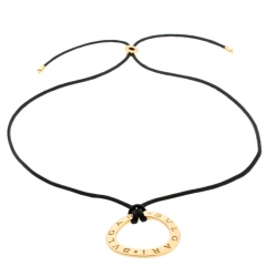 Bvlgari Circular 18k Yellow Gold Pendant Black Cord Necklace 