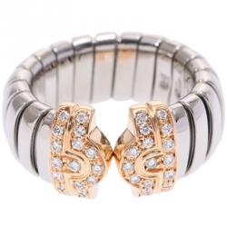 Pre Owned Bvlgari Parenthite Bogas 18K Yellow Gold And Diamond And Stainless Steel Ring Size 47