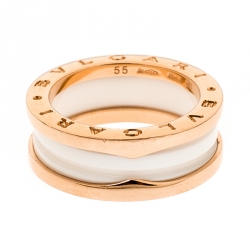 Bvlgari B.Zero1 White Ceramic 18k Rose Gold 2-Band Ring Size 55