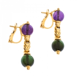 Pre Owned Bvlgari Amethyst Peridot 18k Yellow Gold Dangle Earrings