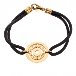 Bvlgari 18K Yellow Gold Engraved Circle Charm On Cord Bracelet