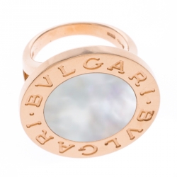 Pre Owned Bvlgari Mother of Pearl Inlay 18k Rose Gold Circular Ring Size 56