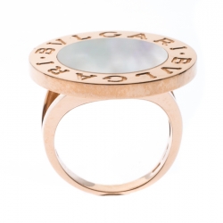 Pre Owned Bvlgari Mother of Pearl Inlay 18k Rose Gold Circular Ring Size 56