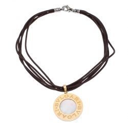 Bvlgari Reversible 18K Yellow Gold with MOP & Steel with Onyx Pendant Leather Cord Necklace 