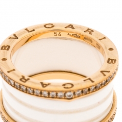 Pre Owned Bvlgari B.Zero1 White Ceramic Pave Diamond 18K Rose Gold 4-Band Ring Size 54
