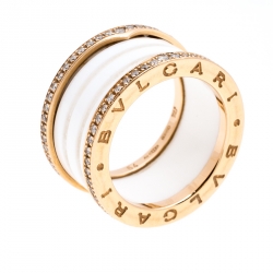 Pre Owned Bvlgari B.Zero1 White Ceramic Pave Diamond 18K Rose Gold 4-Band Ring Size 54