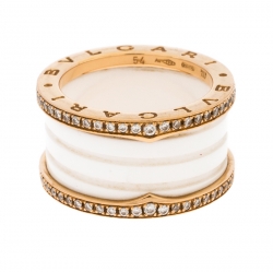 Pre Owned Bvlgari B.Zero1 White Ceramic Pave Diamond 18K Rose Gold 4-Band Ring Size 54