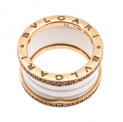 Pre Owned Bvlgari B.Zero1 White Ceramic Pave Diamond 18K Rose Gold 4-Band Ring Size 54