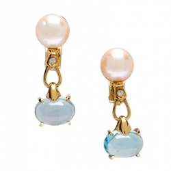 Bvlgari Allegra Cultured Pearl Diamond Blue Topaz 18k Yellow Gold Clip-on Drop Earrings