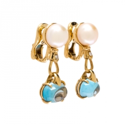 Bvlgari Allegra Cultured Pearl Diamond Blue Topaz 18k Yellow Gold Clip-on Drop Earrings