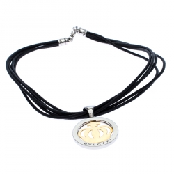 Pre Owned Bvlgari Crown Tondo 18K Yellow Gold Stainless Steel Pendant Cord Necklace
