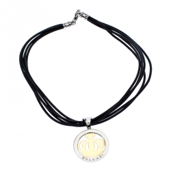 Pre Owned Bvlgari Crown Tondo 18K Yellow Gold Stainless Steel Pendant Cord Necklace