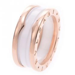 Pre Owned Bvlgari B.Zero1 2-Band White Ceramic 18k Rose Gold Band Ring Size 57
