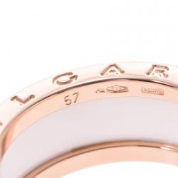 Pre Owned Bvlgari B.Zero1 2-Band White Ceramic 18k Rose Gold Band Ring Size 57
