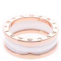 Pre Owned Bvlgari B.Zero1 2-Band White Ceramic 18k Rose Gold Band Ring Size 57