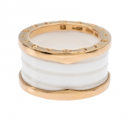 Pre Owned Bvlgari B.Zero1 4 Band White Ceramic 18k Yellow Gold Ring Size 53