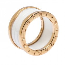 Pre Owned Bvlgari B.Zero1 4 Band White Ceramic 18k Yellow Gold Ring Size 53