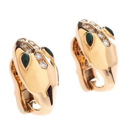 Pre Owned Bvlgari Serpenti Diamond Malachite 18K Rose Gold Stud Earrings 