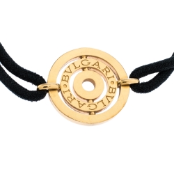 Pre Owned Bvlgari Engraved Circle Charm 18K Yellow Gold Black Cord Bracelet
