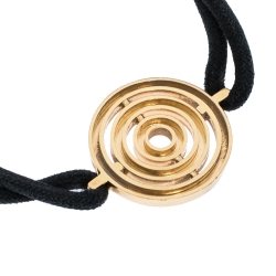 Pre Owned Bvlgari Engraved Circle Charm 18K Yellow Gold Black Cord Bracelet